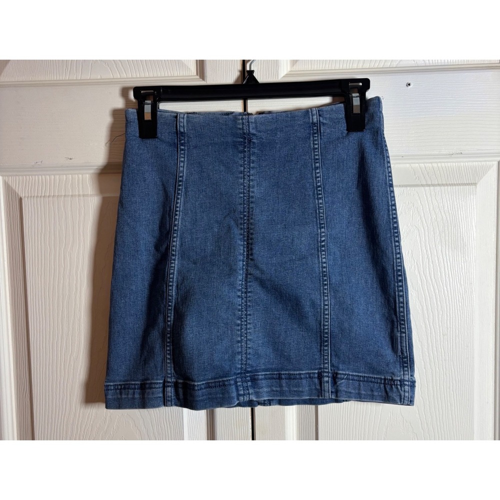 Free People Denim Mini Skirt Medium Wash Blue Seamed High Waist Size 6